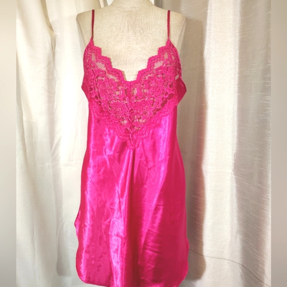 2Pc:Rose Satin Robe+Slip: Floral Pinks & White, Satin+ Lace, Tie, Straps, M - Picture 16 of 16